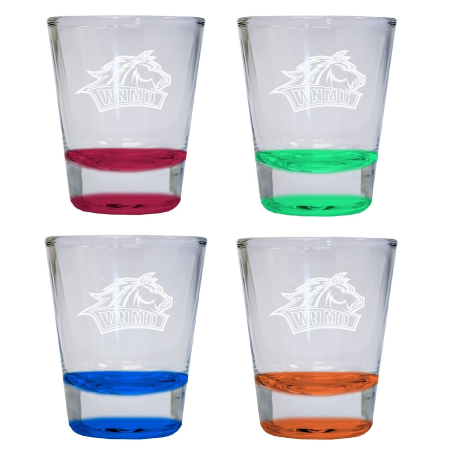 NCAA Western Mexico University Collectors 2oz Laser-Engraved Spirit Shot Glass Red, Orange, Blue and Green 4-Pack Image 1