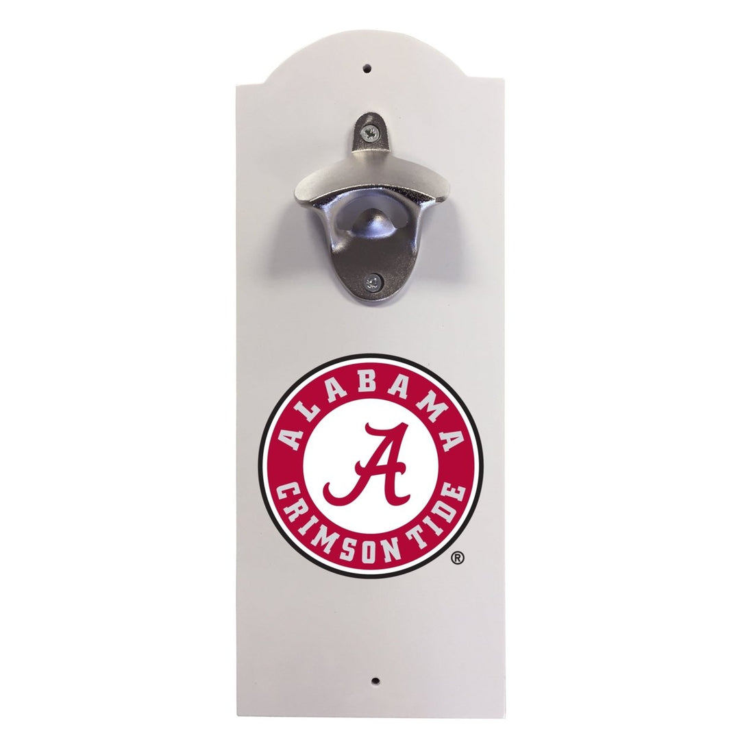 Alabama Crimson Tide Wall-Mounted Bottle Opener  Sturdy Metal with Decorative Wood Base for Home Bars, Rec Rooms and Image 1