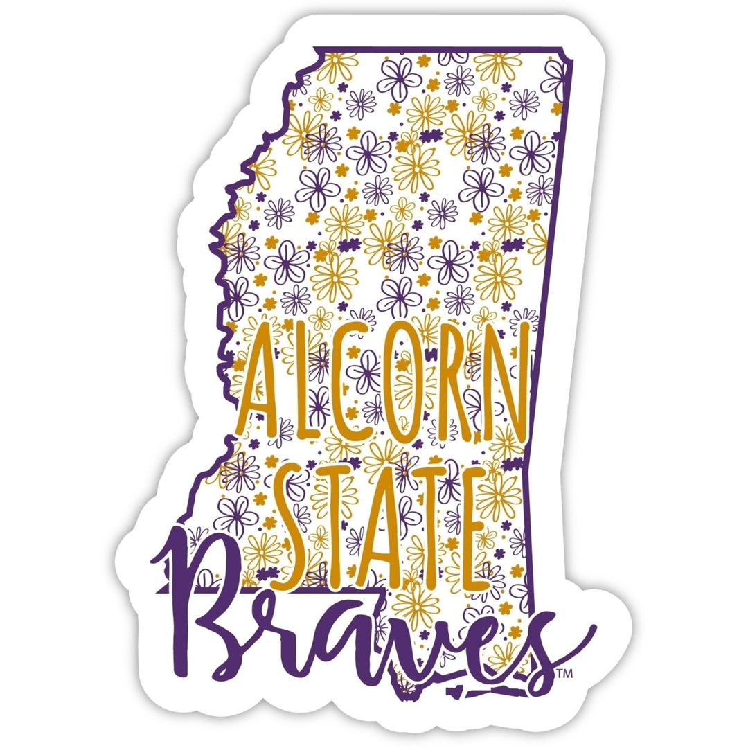 Alcorn State Braves 4-Inch State Shaped NCAA Floral Love Vinyl Sticker - Blossoming School Spirit Decal Image 1