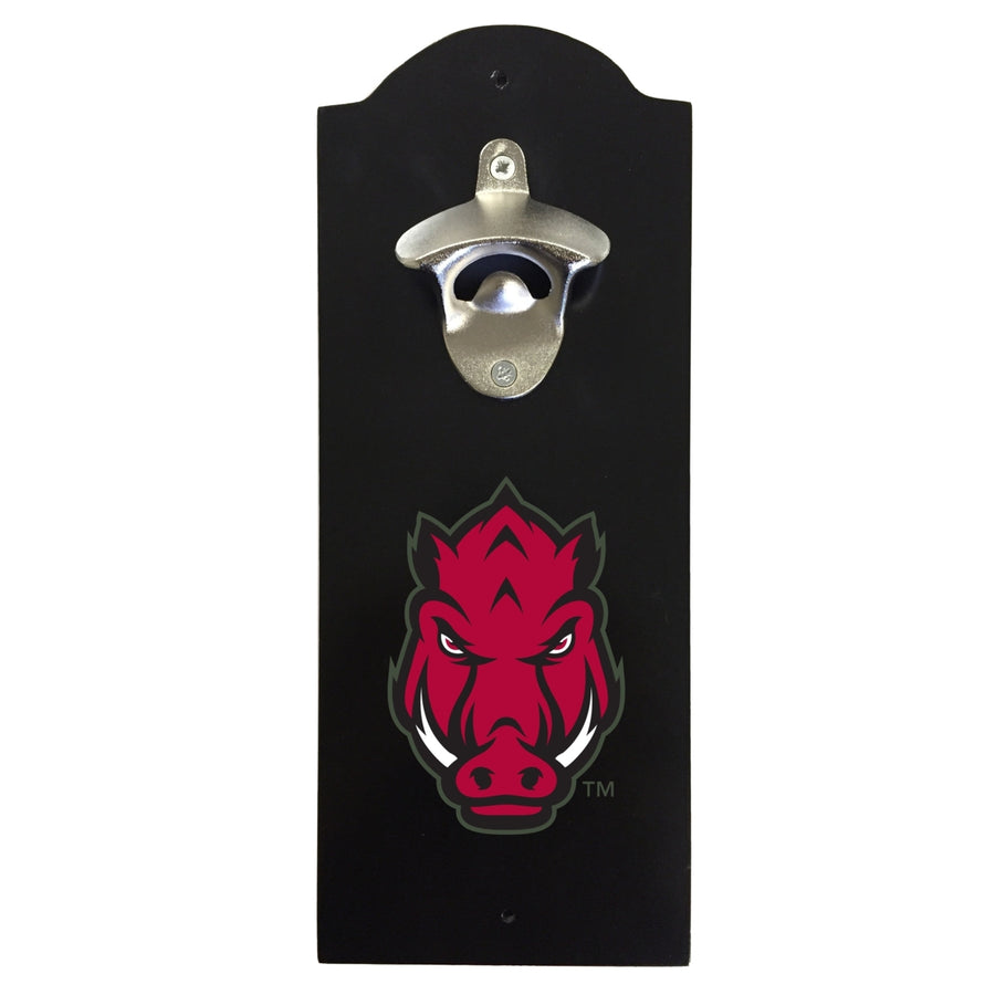 Arkansas Razorbacks Wall-Mounted Bottle Opener  Sturdy Metal with Decorative Wood Base for Home Bars, Rec Rooms and Fan Image 1