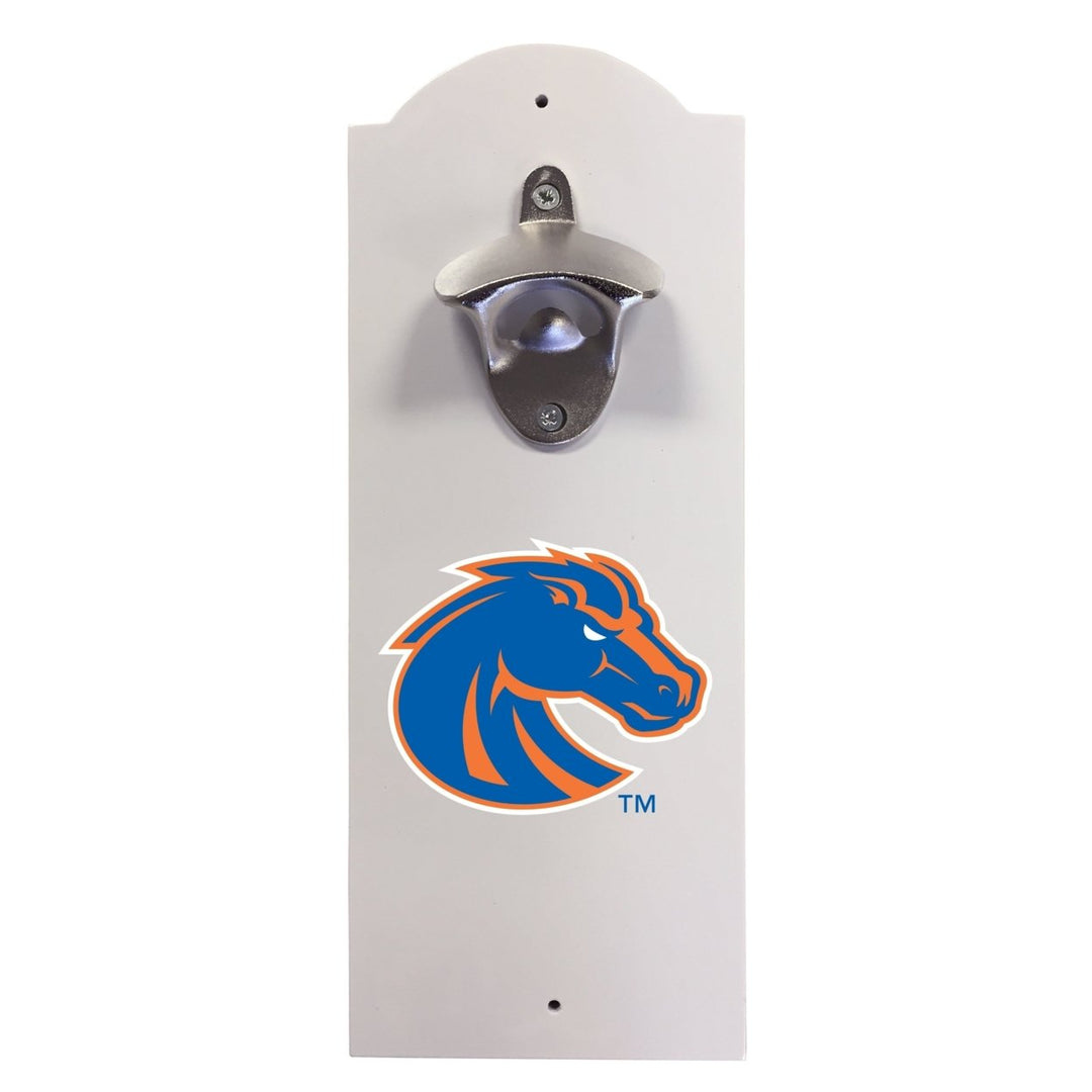 Boise State Broncos Wall-Mounted Bottle Opener  Sturdy Metal with Decorative Wood Base for Home Bars, Rec Rooms and Fan Image 1