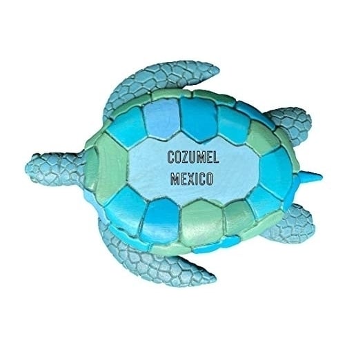 Cozumel Mexico Souvenir Hand Painted Resin Refrigerator Magnet Sunset and Green Turtle Design 3-Inch Approximately Image 1