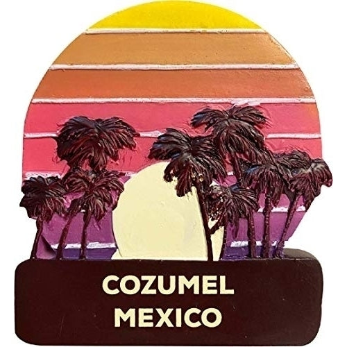 Cozumel Mexico Trendy Souvenir Hand Painted Resin Refrigerator Magnet Sunset and Palm Trees Design 3-Inch Approximately Image 1