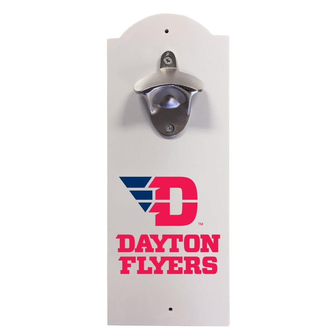 Dayton Flyers Wall-Mounted Bottle Opener  Sturdy Metal with Decorative Wood Base for Home Bars, Rec Rooms and Fan Caves Image 1