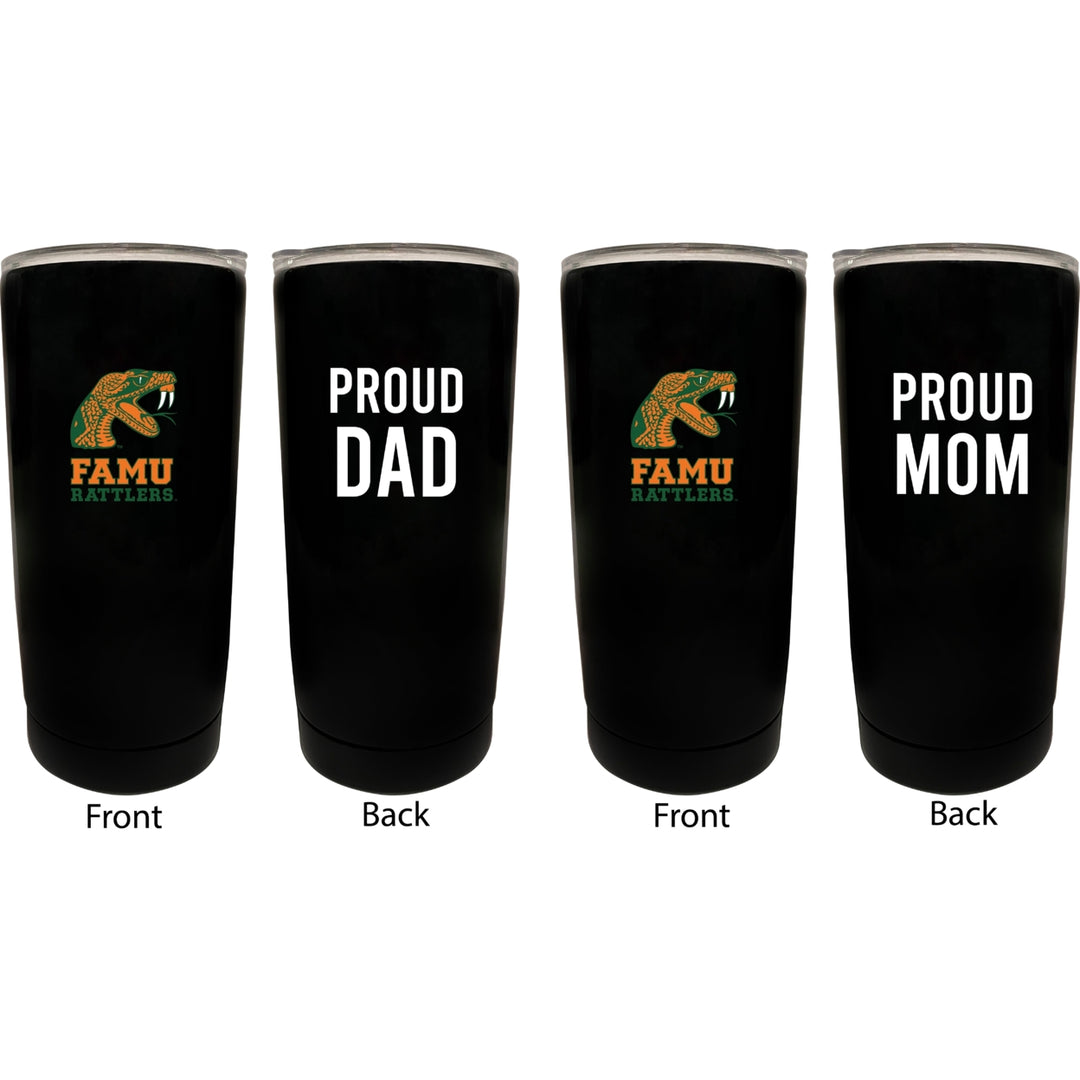 Florida AandM Rattlers NCAA Insulated Tumbler - 16oz Stainless Steel Travel Mug Proud Mom and Dad Design Black Image 1