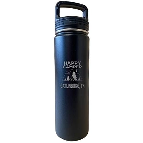 Gatlinburg Tennessee Happy Camper 32 Oz Engraved Black Insulated Double Wall Stainless Steel Water Bottle Tumbler Image 1