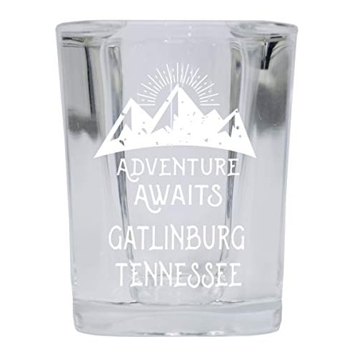Gatlinburg Tennessee Souvenir Laser Engraved 2 Ounce Square Base Liquor Shot Glass 4-Pack Adventure Awaits Design Image 1