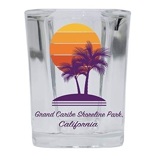 Grand Caribe Shoreline Park California Souvenir 2 Ounce Square Shot Glass Palm Design Image 1