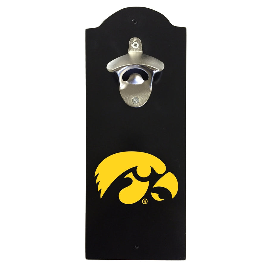 Iowa Hawkeyes Wall-Mounted Bottle Opener  Sturdy Metal with Decorative Wood Base for Home Bars, Rec Rooms and Fan Caves Image 1