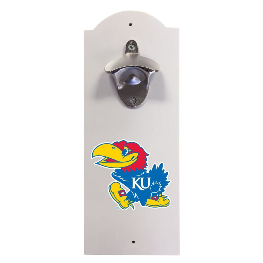 Kansas Jayhawks Wall-Mounted Bottle Opener  Sturdy Metal with Decorative Wood Base for Home Bars, Rec Rooms and Fan Image 1