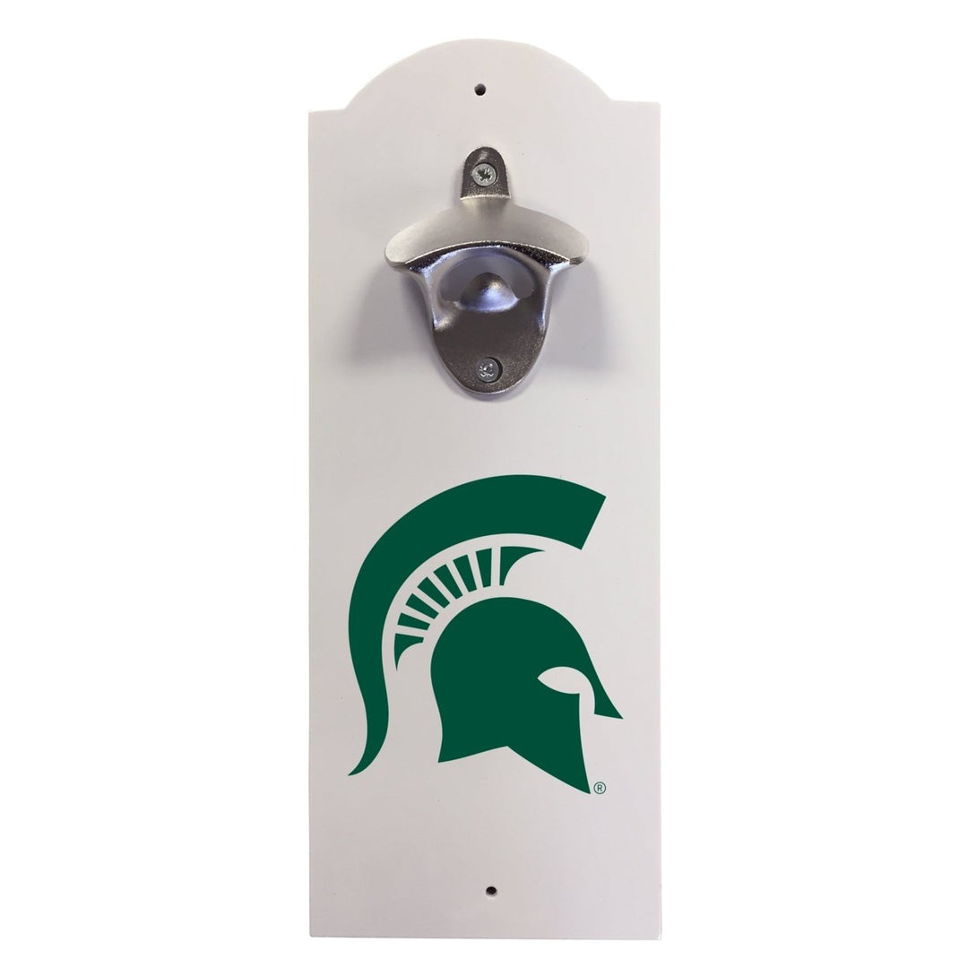 Michigan State Spartans Wall-Mounted Bottle Opener  Sturdy Metal with Decorative Wood Base for Home Bars, Rec Rooms and Image 1