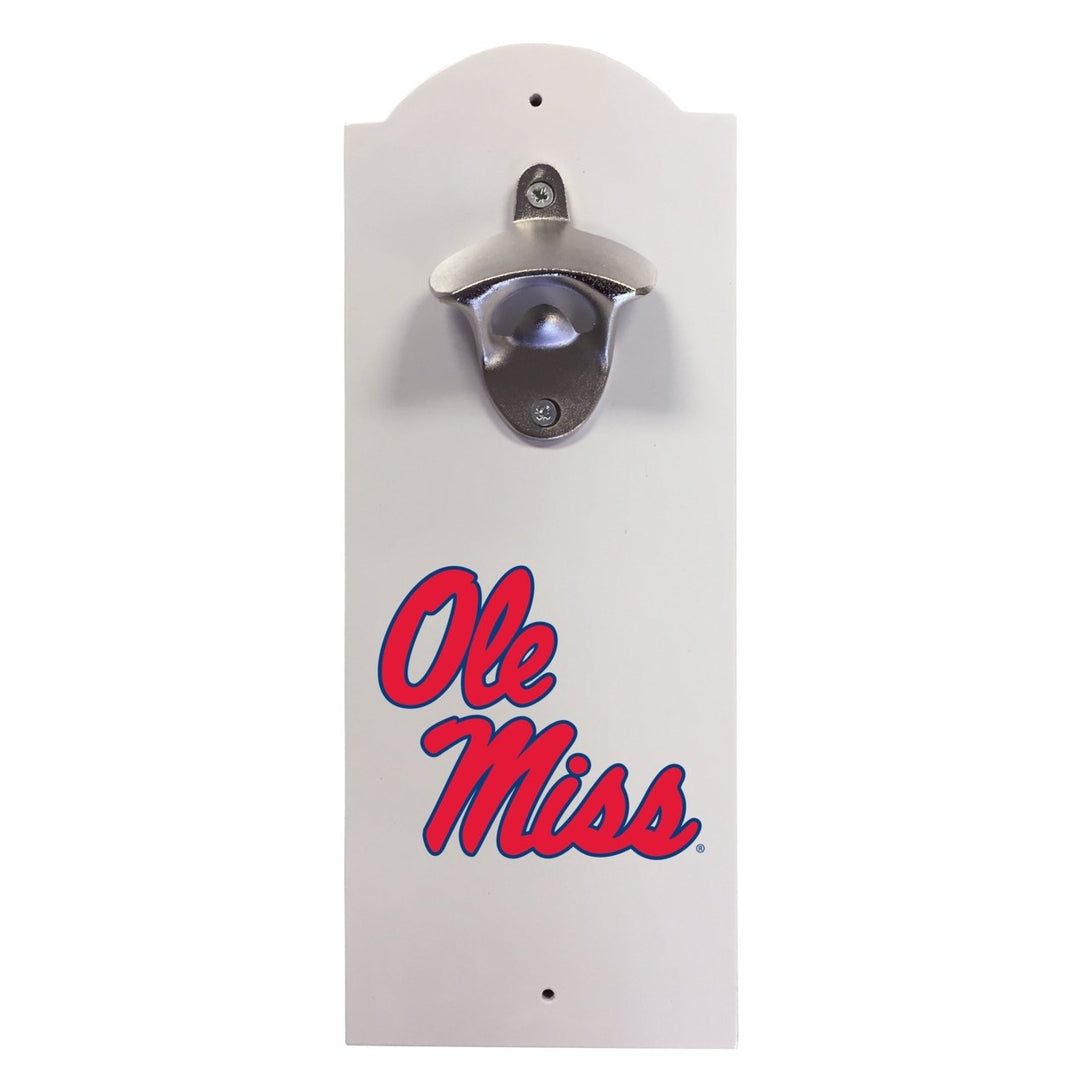 Mississippi Rebels "Ole Miss" Wall-Mounted Bottle Opener  Sturdy Metal with Decorative Wood Base for Home Bars, Rec Image 1