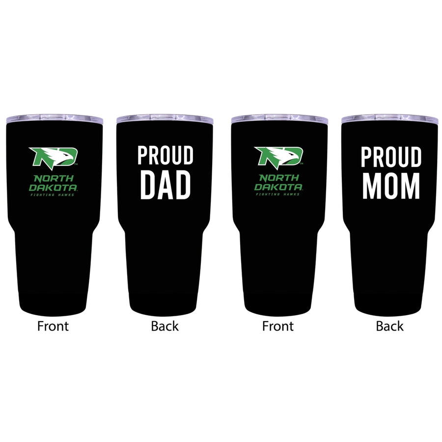 North Dakota Fighting Hawks Proud Parent 24 oz Insulated Tumblers Set - Black, Mom and Dad Edition Image 1