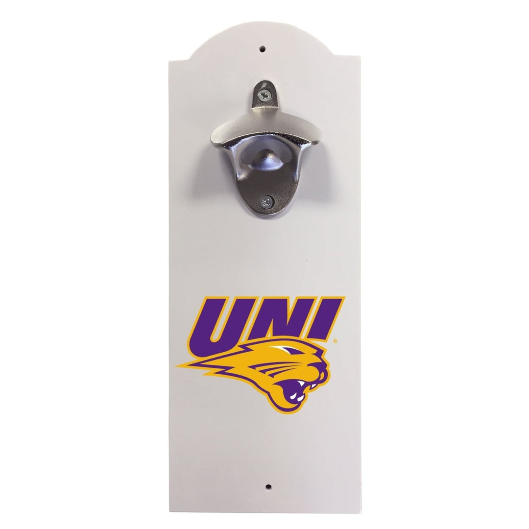 Northern Iowa Panthers Wall-Mounted Bottle Opener  Sturdy Metal with Decorative Wood Base for Home Bars, Rec Rooms and Image 1