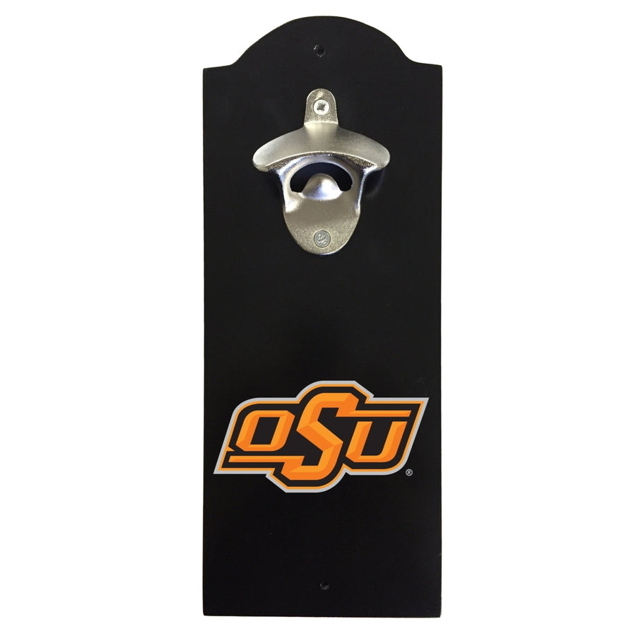 Oklahoma State Cowboys Wall-Mounted Bottle Opener  Sturdy Metal with Decorative Wood Base for Home Bars, Rec Rooms and Image 1