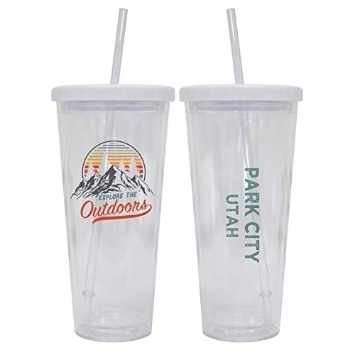 Park City Utah Camping 24 oz Reusable Plastic Straw Tumbler w/Lid and Straw 2-Pack Image 1