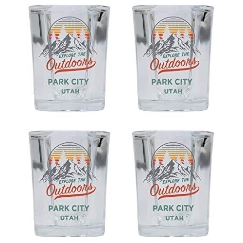 Park City Utah Explore the Outdoors Souvenir 2 Ounce Square Base Liquor Shot Glass 4-Pack Image 1