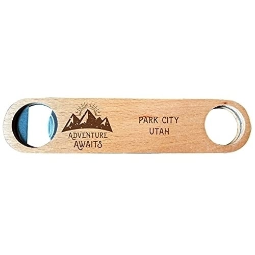 Park City Utah Laser Engraved Wooden Bottle Opener Adventure Awaits Design Image 1