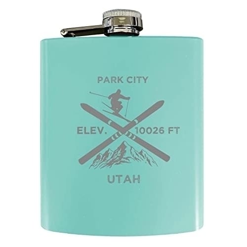 Park City Utah Ski Snowboard Winter Adventures Stainless Steel 7 oz Flask Seafoam Image 1