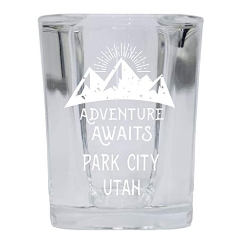 Park City Utah Souvenir Laser Engraved 2 Ounce Square Base Liquor Shot Glass Adventure Awaits Design Image 1