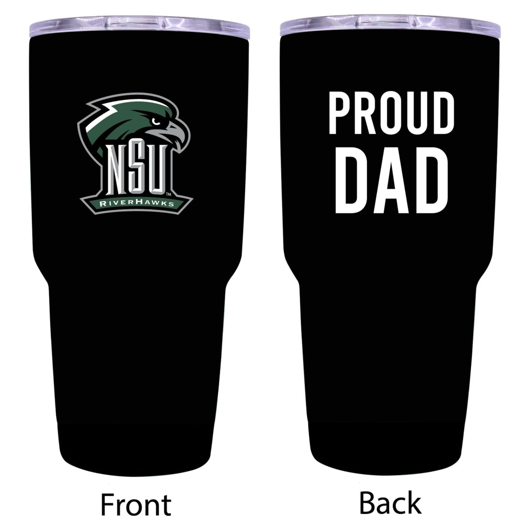 R and R Imports Northeastern State University Riverhawks Proud Dad 24 oz Insulated Stainless Steel Tumblers Black. Image 1