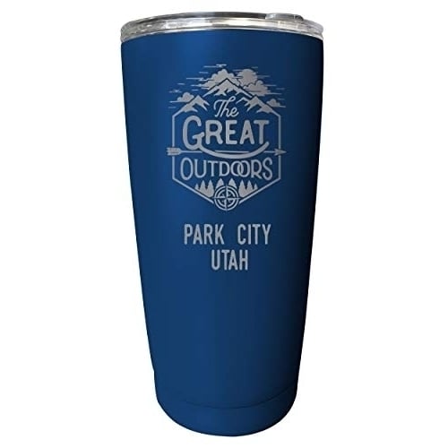 R and R Imports Park City Utah Etched 16 oz Stainless Steel Insulated Tumbler Outdoor Adventure Design Navy. Image 1