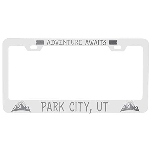 R and R Imports Park City Utah Laser Engraved Metal License Plate Frame Adventures Awaits Design Image 1