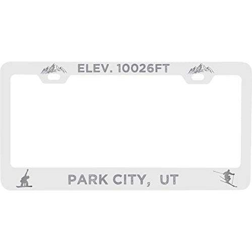 R and R Imports Park City Utah Etched Metal License Plate Frame White Image 1