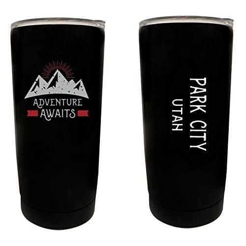 R and R Imports Park City Utah Souvenir 16 oz Stainless Steel Insulated Tumbler Adventure Awaits Design Black. Image 1