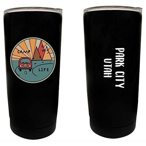 R and R Imports Park City Utah Souvenir 16 oz Stainless Steel Insulated Tumbler Camp Life Design Black. Image 1