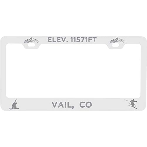 R and R Imports Vail Colorado Etched Metal License Plate Frame White Image 1