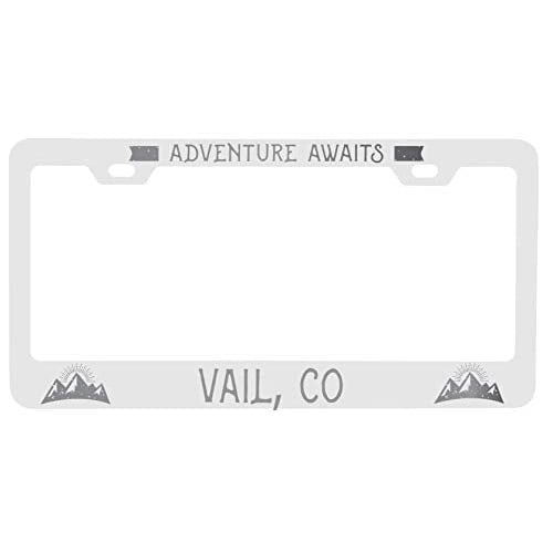 R and R Imports Vail Colorado Laser Engraved Metal License Plate Frame Adventures Awaits Design Image 1