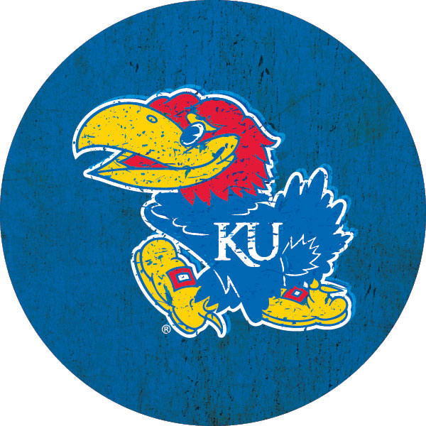 Kansas Jayhawks Round 4-Inch Distressed Wood Grain NCAA Vinyl Decal Sticker for Fans, Students, and Alumni Image 1