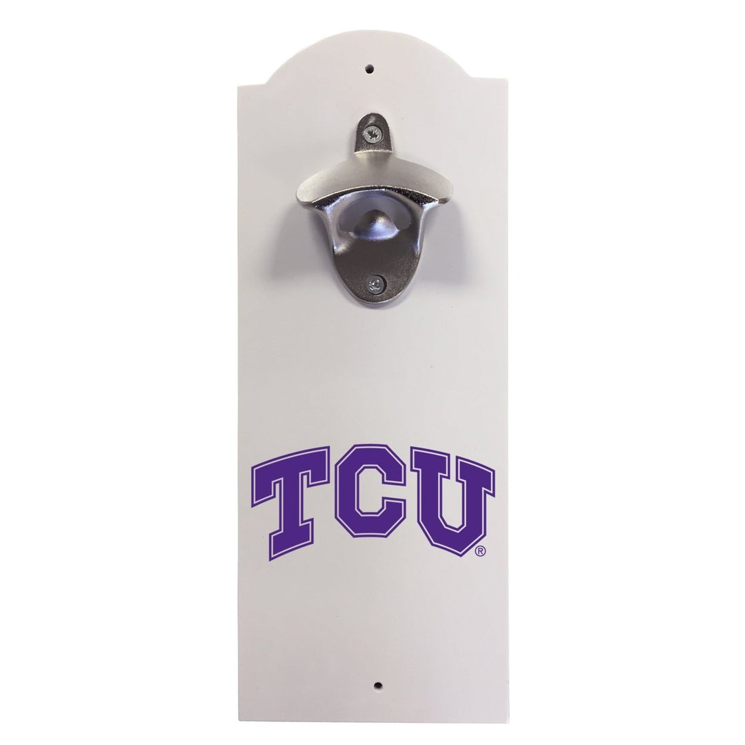 Texas Christian University Wall-Mounted Bottle Opener  Sturdy Metal with Decorative Wood Base for Home Bars, Rec Rooms Image 1