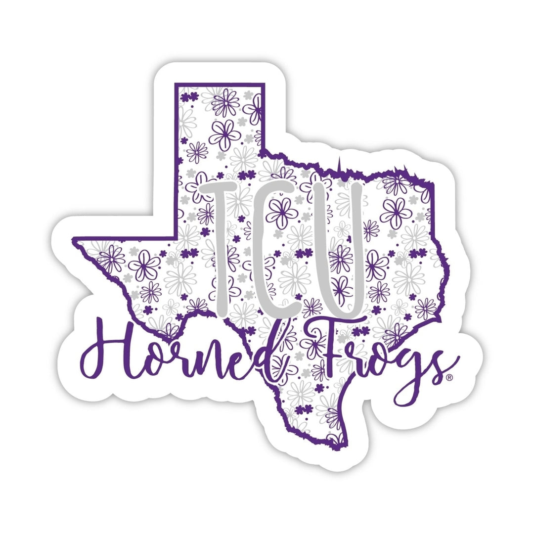 Texas Christian University 4-Inch State Shaped NCAA Floral Love Vinyl Sticker - Blossoming School Spirit Decal Image 1