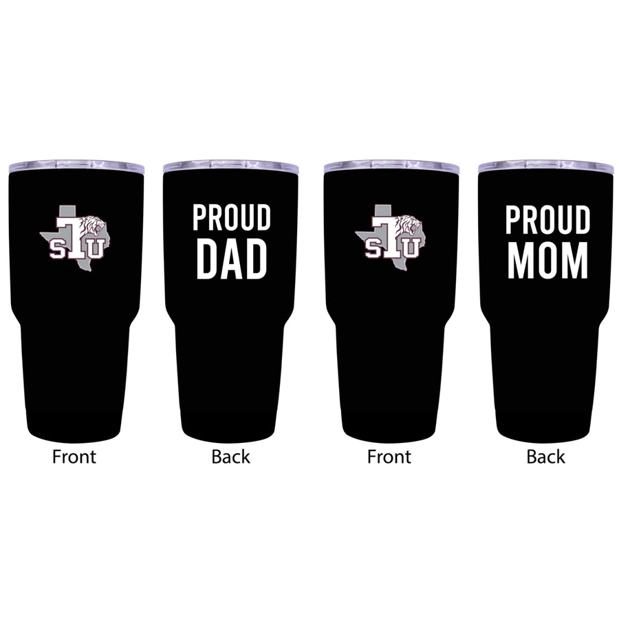 Texas Southern University Proud Mom and Dad 24 oz Insulated Stainless Steel Tumblers 2 Pack Black. Image 1