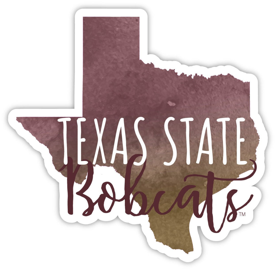 Texas State Bobcats 4-Inch Watercolor State Shaped NCAA Vinyl Decal Sticker for Fans, Students, and Alumni Image 1