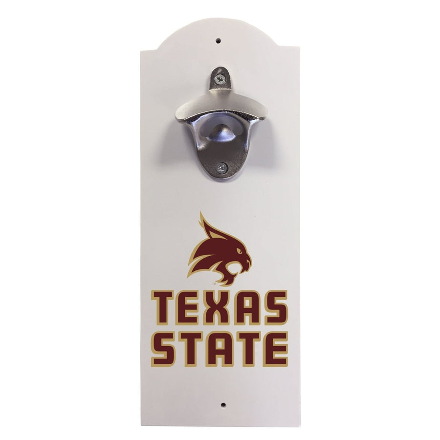 Texas State Bobcats Wall-Mounted Bottle Opener  Sturdy Metal with Decorative Wood Base for Home Bars, Rec Rooms and Fan Image 1