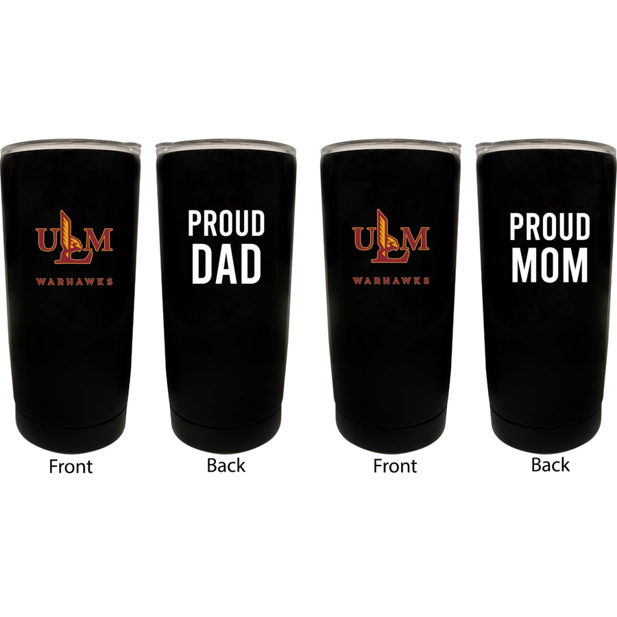 University of Louisiana Monroe NCAA Insulated Tumbler - 16oz Stainless Steel Travel Mug Proud Mom and Dad Design Black Image 1