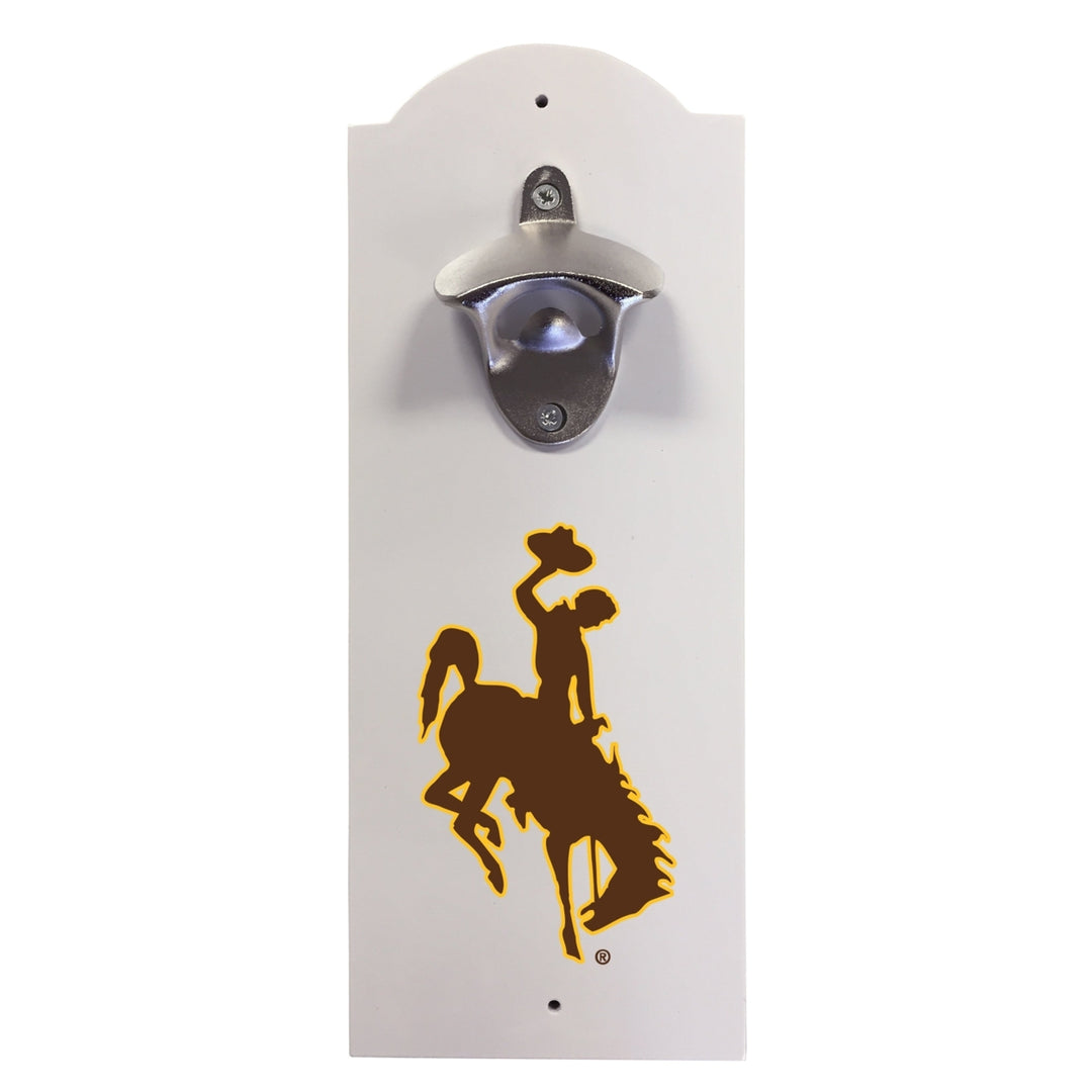 University of Wyoming Wall-Mounted Bottle Opener  Sturdy Metal with Decorative Wood Base for Home Bars, Rec Rooms and Image 1