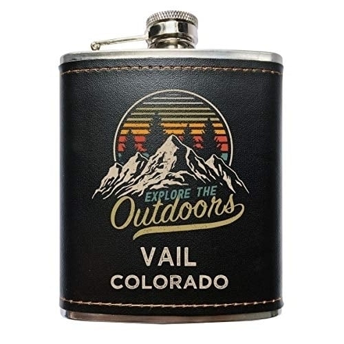 Vail Colorado Explore the Outdoors Souvenir Black Leather Wrapped Stainless Steel 7 oz Flask Image 1