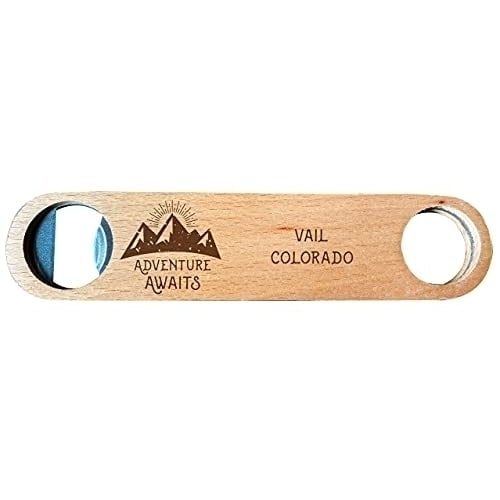 Vail Colorado Laser Engraved Wooden Bottle Opener Adventure Awaits Design Image 1