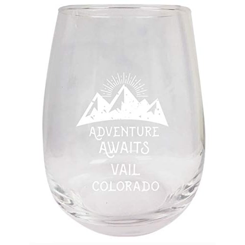 Vail Colorado Souvenir 9 Ounce Laser Engraved Stemless Wine Glass Adventure Awaits Design 2-Pack Image 1