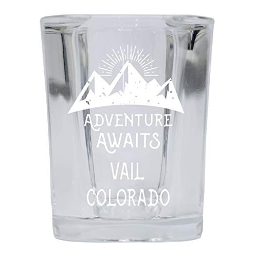 Vail Colorado Souvenir Laser Engraved 2 Ounce Square Base Liquor Shot Glass 4-Pack Adventure Awaits Design Image 1