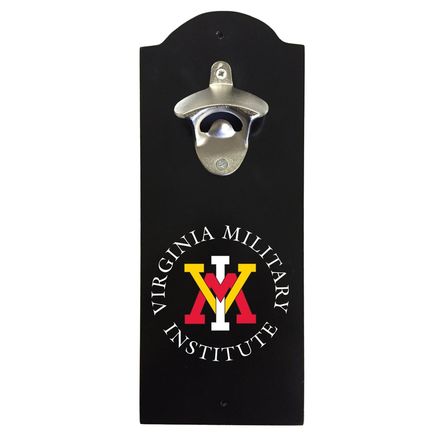 VMI Keydets Wall-Mounted Bottle Opener  Sturdy Metal with Decorative Wood Base for Home Bars, Rec Rooms and Fan Caves Image 1