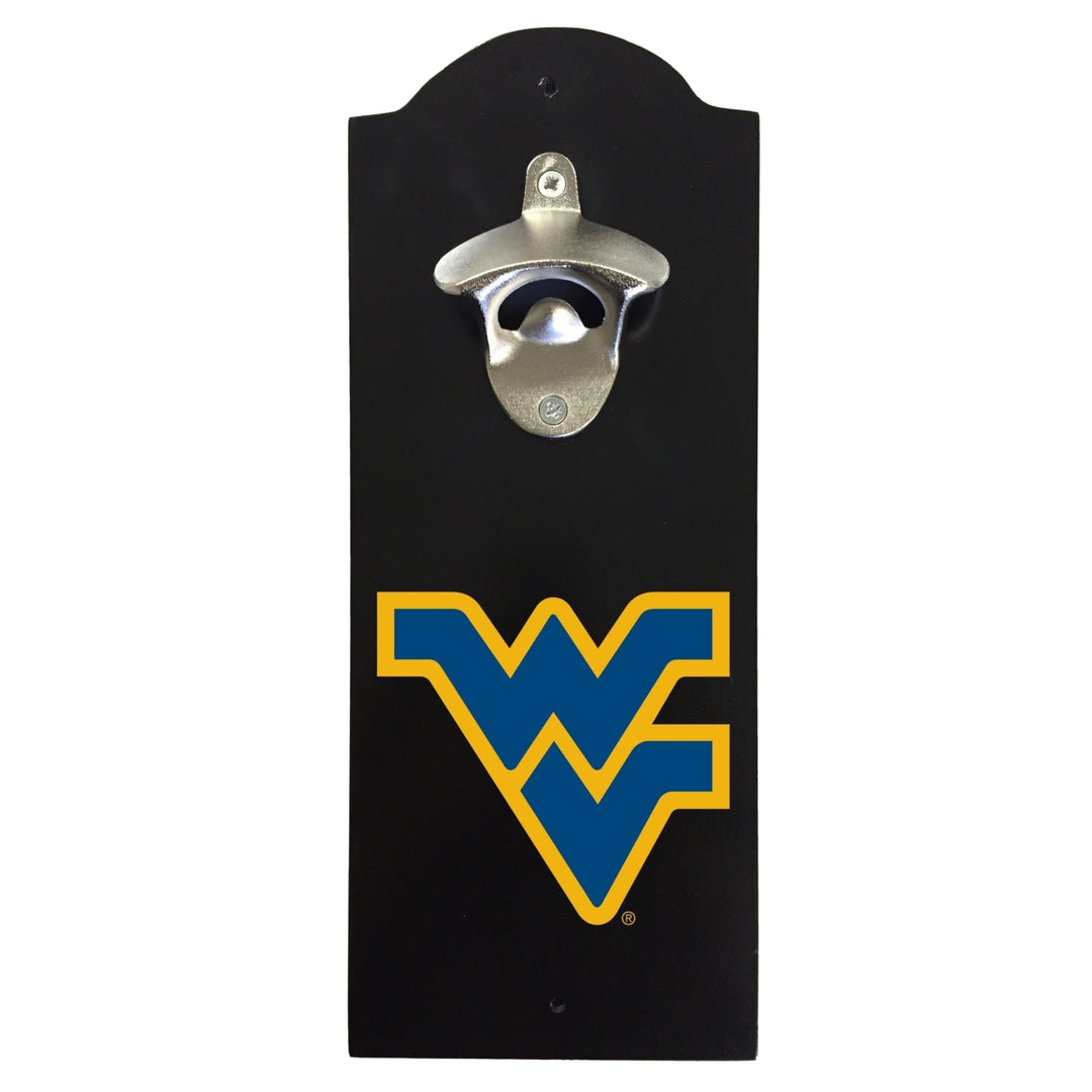 West Virginia Mountaineers Wall-Mounted Bottle Opener  Sturdy Metal with Decorative Wood Base for Home Bars, Rec Rooms Image 1