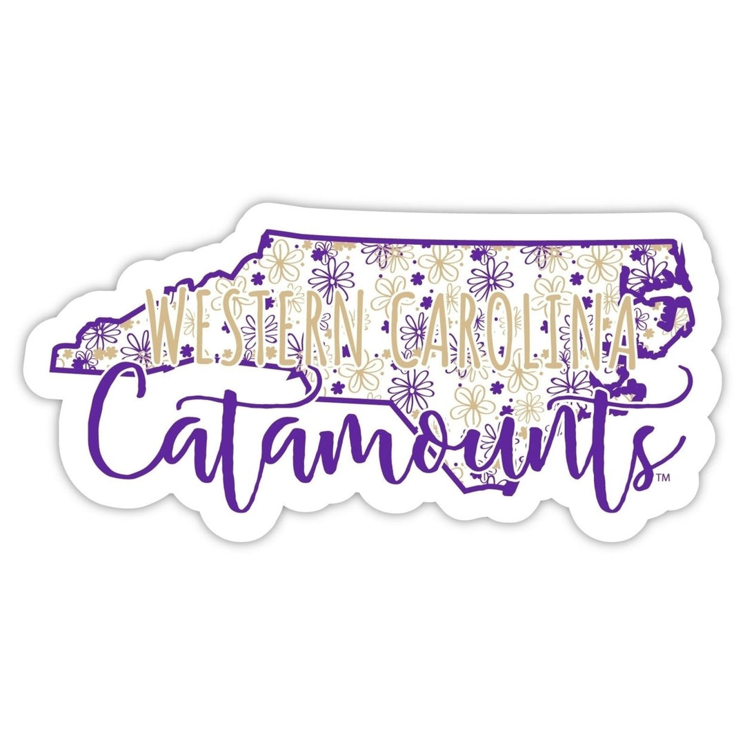 Western Carolina University 4-Inch State Shaped NCAA Floral Love Vinyl Sticker - Blossoming School Spirit Decal Image 1