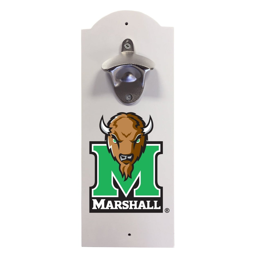 Marshall Thundering Herd Wall-Mounted Bottle Opener  Sturdy Metal with Decorative Wood Base for Home Bars, Rec Rooms Image 1