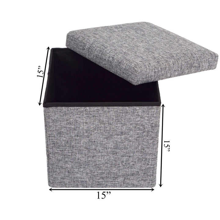 Grey Foldable Cube Ottoman Stool Storage 15 Inch MDF Fabric for Living Room Bedroom Image 4