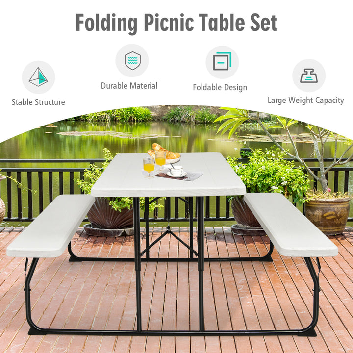 Folding Picnic Table and Bench Set for Camping BBQ w/ Steel Frame Image 2